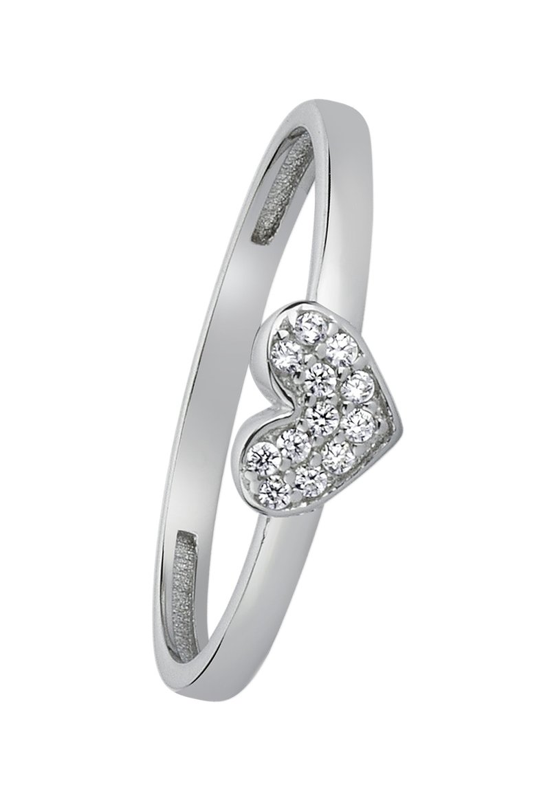 Bague en argent avec un motif en forme de cœur orné de plusieurs petites pierres claires. Anneau lisse avec une finition polie.