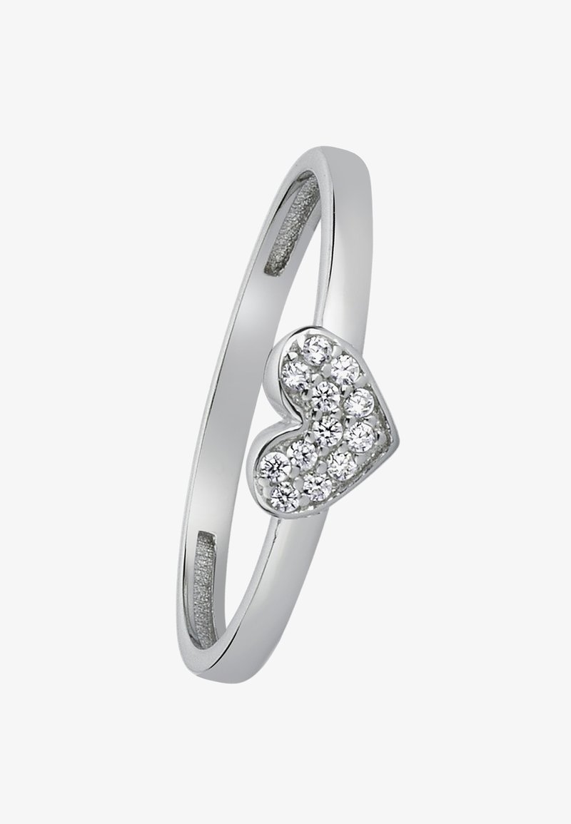 Bague en argent avec un motif en forme de cœur orné de plusieurs petites pierres claires. Anneau lisse avec une finition polie.