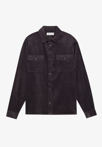 Camicia in velluto a coste scuro con maniche lunghe, colletto a punta, apertura con bottoni e due tasche sul petto. Presenta righe verticali testurizzate.