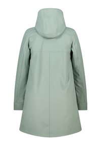 Mintgroene waterdichte jas met capuchon, lange mouwen en een rechte snit. Bevat minimale stiksels en een gladde textuur.