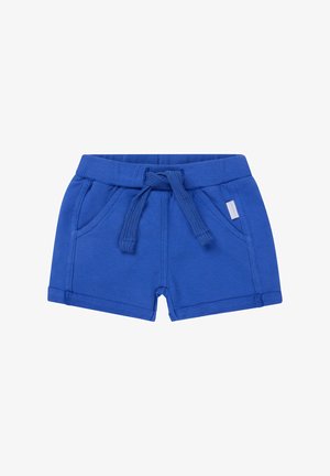 Shorts en coton bleus avec une taille élastique, un cordon de serrage et deux poches latérales. Présente une texture lisse et des bords roulés.