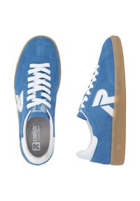 Blue suede sneakers with white laces, featuring a textured surface, a rubber sole, and an angular logo accent on the sides.