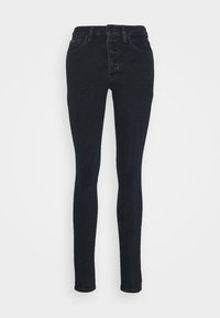 Svarta högmidjade skinny jeans i denim, med stängning fram med fem knappar, bälteshällor och en slät, mjuk yta.