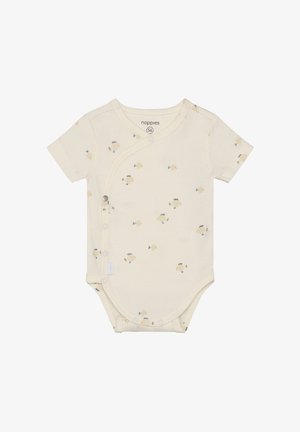 Kurzärmeliges, cremefarbenes Babybody mit Wickeldesign und kleinen Fischmustern in Blau und Gelb. Druckknöpfe an der Seite.