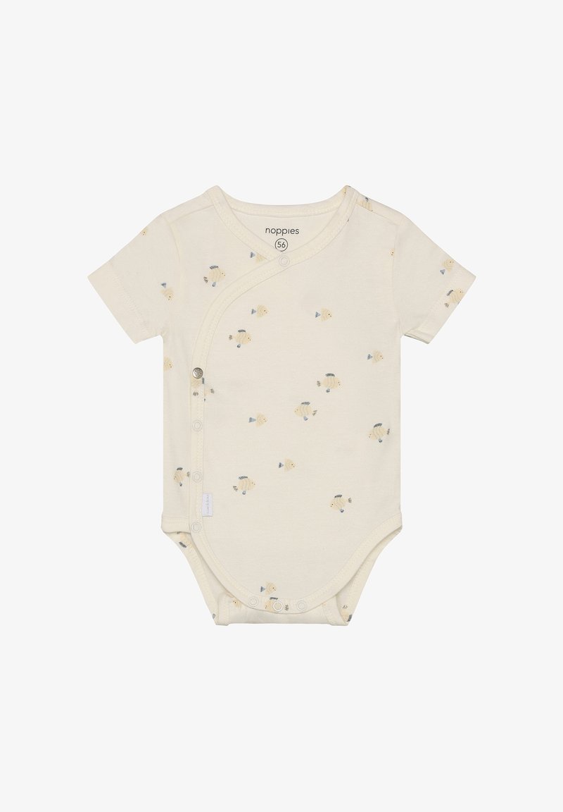 Body pour bébé à manches courtes, couleur crème, avec un design croisé, orné de petits motifs de poissons en bleu et jaune. Fermetures à pression sur le côté.