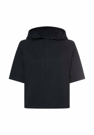 Czarna krótka bluza z kapturem wykonana z miękkiego materiału, posiada kaptur ze sznurkiem, krótkie rękawy i luźny krój. Gładka faktura, minimalistyczne detale.