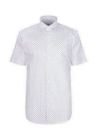 Chemise blanche à manches courtes avec boutons, à pois bleus, col classique et ourlet droit.