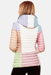 Padded jacket in pastel colors: light blue, pink, cream, green; featuring horizontal quilted design and adjustable hood.