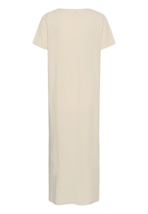 Vestido beige de manga corta, largo hasta el tobillo, con corte recto y escote redondo, mostrado desde atrás sobre un fondo blanco.