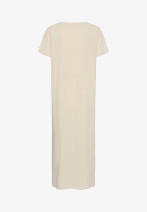 Vestido beige de manga corta, largo hasta el tobillo, con corte recto y escote redondo, mostrado desde atrás sobre un fondo blanco.