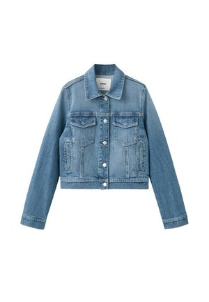 Giacca in denim blu con chiusura frontale a bottoni, due tasche con patta sul petto e tasche laterali con spacco, caratterizzata da un colletto classico e maniche lunghe.