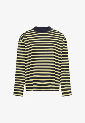 Langærmet skjorte med vandrette sorte og lysegule striber og rund halsudskæring, vist på en hvid baggrund.