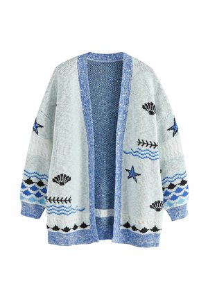 Light gray knit cardigan with blue trim, decorated with black seashells, blue stars, waves, and leaf patterns, open front, long sleeves.