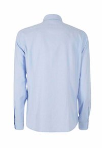 Camicia azzurro chiaro a maniche lunghe con colletto a punta, polsini con bottoni, una texture liscia e un sottile motivo a righe sul tessuto.
