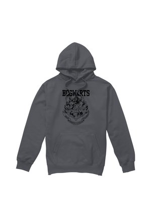 Dunkelgrauer Hoodie mit Hogwarts-Wappen und dem Schriftzug „Hogwarts“ vorne, mit Kordelzugkapuze und Kängurutasche vorne.