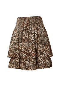 Minirock mit Leopardenmuster und elastischem Bund, mit schichtartigem Design und fließender Textur. Farben sind Beige, Schwarz und Braun.