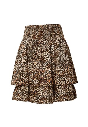 Luipaardprint mini-jurk met een smock tailleband, voorzien van een gelaagd ontwerp en een vloeiende textuur. Kleuren zijn onder andere taupe, zwart en bruin.