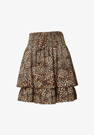 Luipaardprint mini-jurk met een smock tailleband, voorzien van een gelaagd ontwerp en een vloeiende textuur. Kleuren zijn onder andere taupe, zwart en bruin.