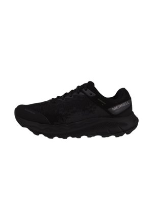 Black athletic shoe featuring a waterproof design, textured upper, cushioned sole, and minimalistic hardware accents.