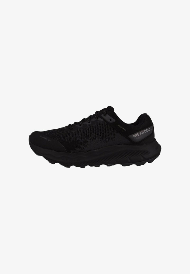 Black athletic shoe featuring a waterproof design, textured upper, cushioned sole, and minimalistic hardware accents.