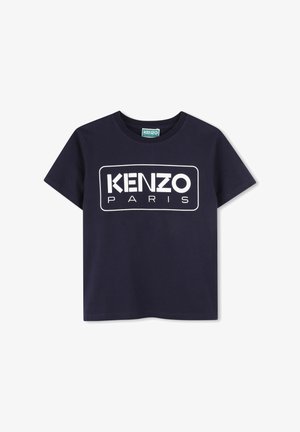 Navyblauwe katoenen T-shirt met korte mouwen en een ronde hals, met een witte rechthoekige grafiek met de tekst "KENZO PARIS" op de voorkant.
