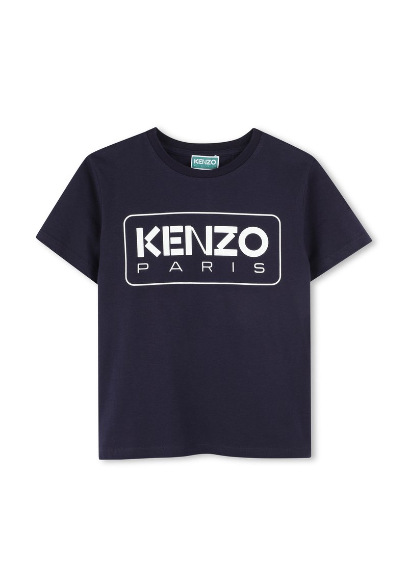 T-shirt in cotone blu navy con maniche corte e colletto rotondo, con una grafica rettangolare bianca che recita "KENZO PARIS" sulla parte frontale.
