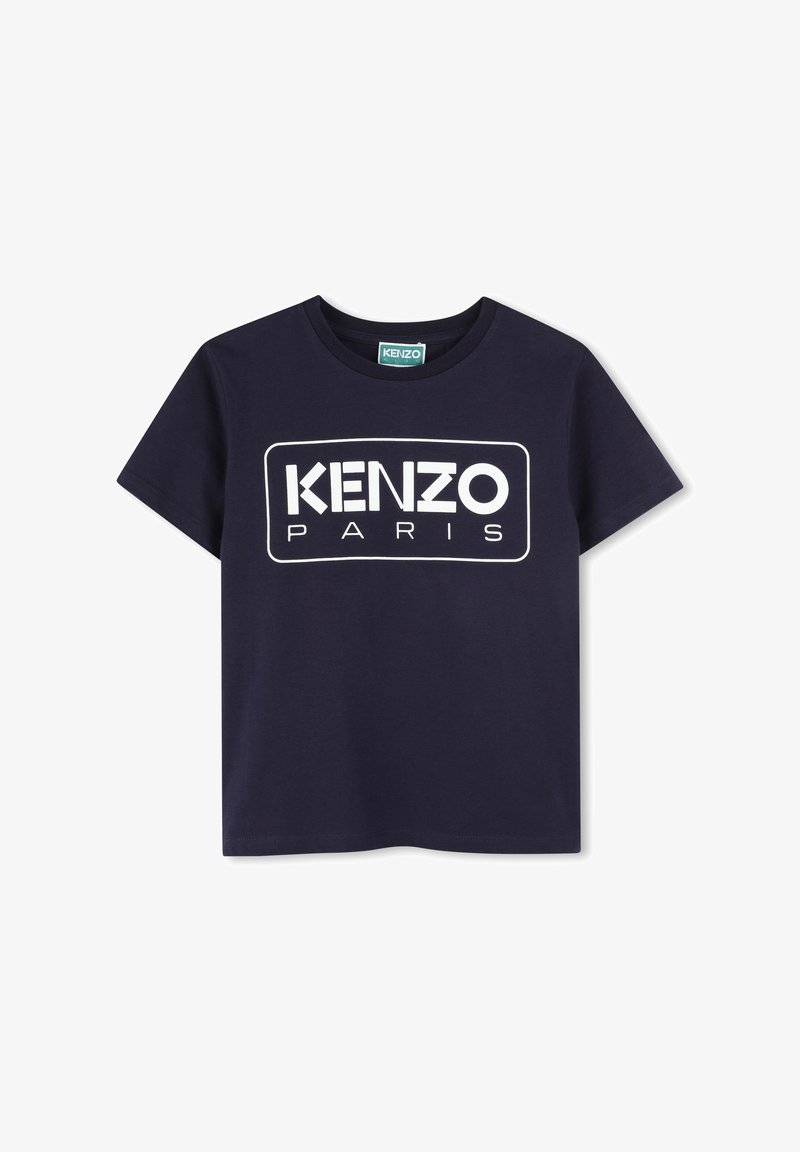 T-shirt en coton bleu marine à manches courtes et col rond, arborant un graphique rectangulaire blanc avec l'inscription "KENZO PARIS" sur le devant.
