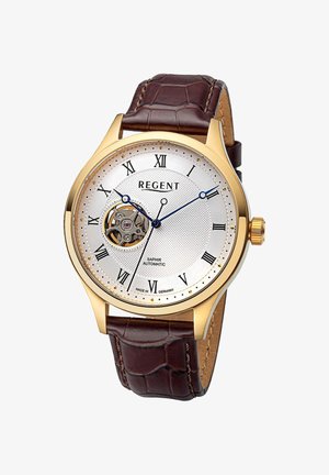 Gouden horloge met witte wijzerplaat, Romeinse cijfers, open hartmechanisme op 9 uur, blauwe wijzers en een bruine leren band met stiksels.