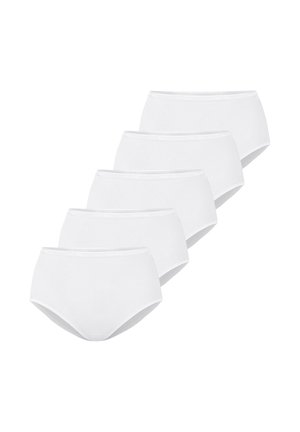 Cinque slip da donna bianchi a vita alta disposti in una fila sfalsata e sovrapposta su uno sfondo bianco semplice.