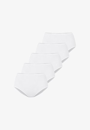 Fem hvide, højtaljede dameundertøj, arrangeret i en forskudt, overlappende række på en ensfarvet hvid baggrund.