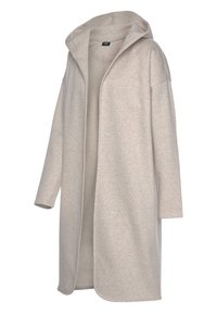 Chaqueta de hoodie larga en gris claro, confeccionada con un tejido suave. Presenta un corte relajado, apertura frontal y sin cierres visibles.