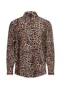 Leopardenmuster-Shirt mit Kragen, knöpfbarem Vorderteil, langen Ärmeln und einer weichen Textur in Braun- und Schwarztönen.