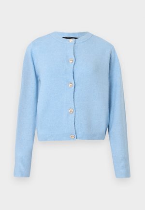 Lichtblauwe cardigan van zachte stof, voorzien van een ronde hals, lange mouwen en zes decoratieve knopen met schelpmotief.