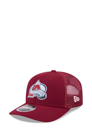 Maroon mesh-back baseball cap with Colorado Avalanche logo on front and New Era logo on side, adjustable snap closure.