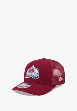 Maroon mesh-back baseball cap with Colorado Avalanche logo on front and New Era logo on side, adjustable snap closure.