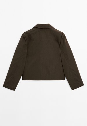 Brown cropped jacket with a collar, long sleeves, and a smooth texture. Features a clean, minimal design with no visible hardware.