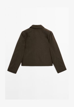 Brązowa krótka kurtka z kołnierzykiem, długimi rękawami i gładką fakturą. Charakteryzuje się czystym, minimalistycznym designem bez widocznych elementów metalowych.