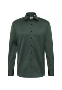 Donkergroene long-sleeve shirt van een textuurstof, met knopenlijst en zwarte knopen. Beschikt over een klassieke kraag en manchet.