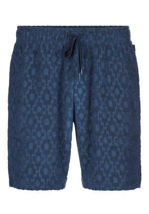 Donkerblauwe zwemshorts met patroon, voorzien van een elastische tailleband en een verstelbaar trekkingkoord, met een textuurstof en twee zijzakken.