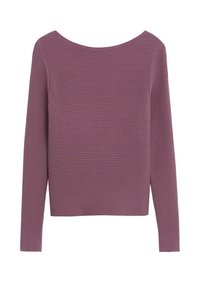 Maglione a manica lunga in tessuto costine di colore viola tenue. Presenta una scollatura ampia e polsini aderenti, realizzato in un tessuto lavorato a maglia morbido e strutturato.