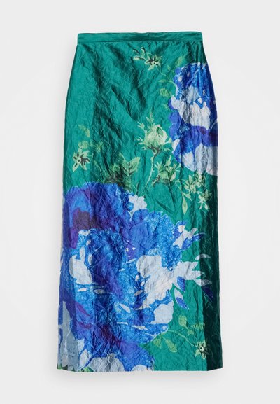 Knytad midkjol i teal med stort blått blommönster. Har hög midja och slät textur, lämplig för vardagsbruk.