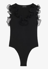 Sorte bodysuit med volanger av gjennomsiktig materiale på skuldrene og utringningen, med en tettsittende design og en truse-lignende bak. Myk tekstur.