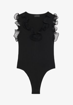 Zwarte bodysuit met rimpelige doorschijnende accenten op de schouders en halslijn, met een aansluitend ontwerp en een string-achtige achterkant. Zachte stoftextuur.