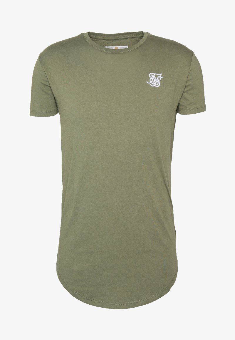 T-shirt à manches courtes olive, col rond, ourlet arrondi, avec un logo brodé blanc sur la poitrine, fabriqué en matériau en coton doux.