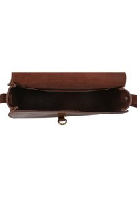 Borsa in pelle marrone con un'esterno liscio, forma rettangolare e un unico scomparto interno. Include un dettaglio in metallo a forma di anello.