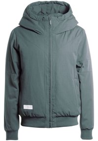 Kapuzensweatjacke aus dunkelgrünem Stoff mit Reißverschluss vorne, elastischen Bündchen und leicht gepufftem Saum; glatte Textur mit minimalen Nähten.