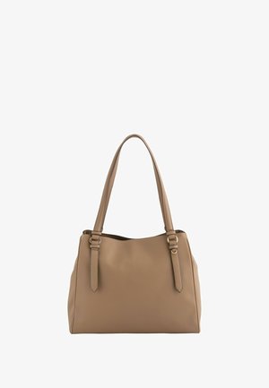 Tote-Bag aus braunem synthetischem Leder mit doppelten Griffen, weicher Textur und geräumigem Design. Verfügt über minimale Hardware-Akzente.