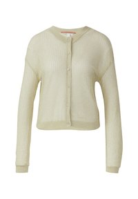 Hellgrüne Strickjacke mit Rundhalsausschnitt, langen Ärmeln und Knopfleiste. Verfügt über ein strukturiertes Muster und einen Rippenrand.