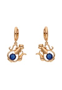 Cercei aurii cu design de pisică și centru cu piatră prețioasă albastră. Finisaj neted cu detalii intricate și închidere tip cercel.