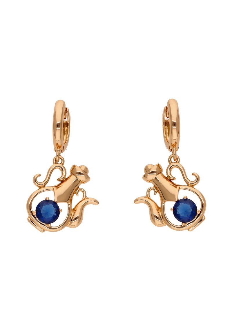 Cercei aurii cu design de pisică și centru cu piatră prețioasă albastră. Finisaj neted cu detalii intricate și închidere tip cercel.